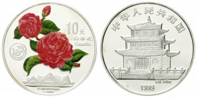 China
Volksrepublik, seit 1949
10 Yuan Silber (mit Farbapplikation) 1999. Internationale Gartenbauausstellung in Kunming. Rose in Farbe. In Kapsel m...