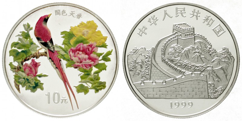 China
Volksrepublik, seit 1949
10 Yuan Silber in Farbe 1999. Paradiesvogel auf...