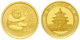 China
Volksrepublik, seit 1949
25 Yuan GOLD 2000. Sitzender Panda mit Bambuszweig auf Blattwerk. 1/4 Unze Feingold. Mattierter Außenring, verschweiß...