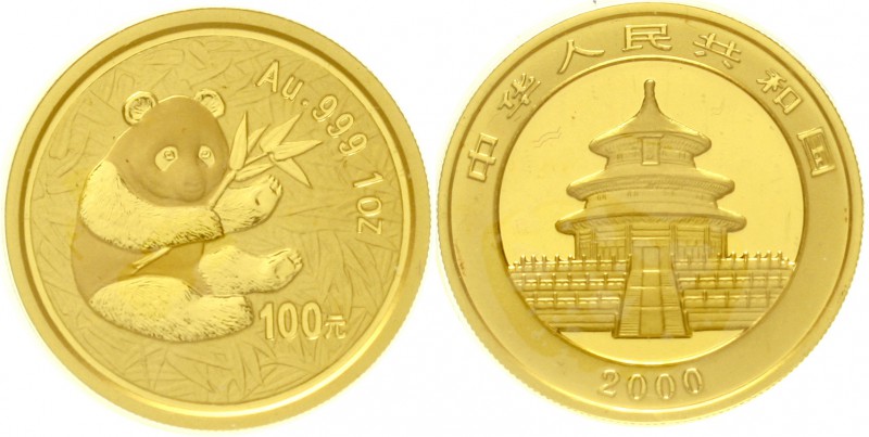 China
Volksrepublik, seit 1949
100 Yuan GOLD 2000. Sitzender Panda mit Bambusz...
