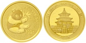 China
Volksrepublik, seit 1949
100 Yuan GOLD 2000. Sitzender Panda mit Bambuszweig auf Blattwerk. 1 Unze Feingold. Mattierter Außenring, verschweißt...