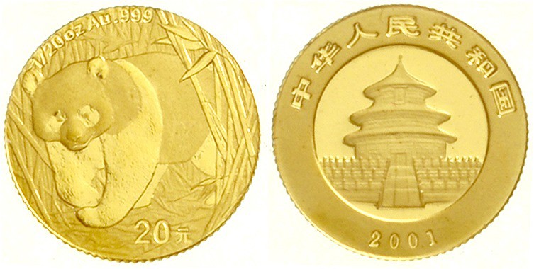 China
Volksrepublik, seit 1949
20 Yuan GOLD 2001. Panda, aus Bambuspflanzung h...