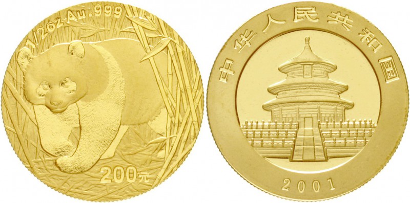 China
Volksrepublik, seit 1949
200 Yuan GOLD 2001. Panda, aus Bambuspflanzung ...