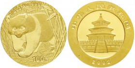 China
Volksrepublik, seit 1949
100 Yuan GOLD 2002. Panda aus Bambuspflanzung hervorkommend. 1/4 Unze Feingold.
fast Stempelglanz, Kratzer