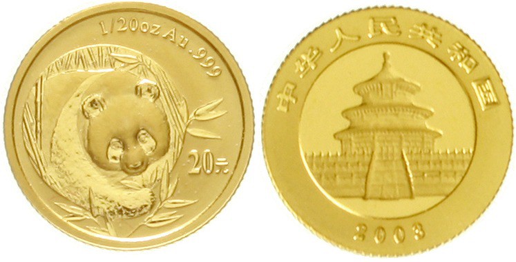 China
Volksrepublik, seit 1949
20 Yuan GOLD 2003. Panda von vorne. 1/20 Unze F...
