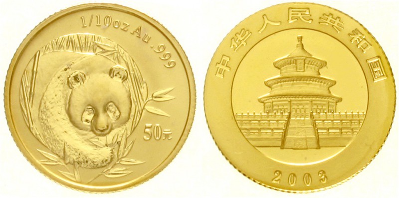 China
Volksrepublik, seit 1949
50 Yuan GOLD 2003. Panda von vorne. 1/10 Unze F...