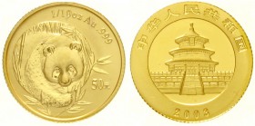 China
Volksrepublik, seit 1949
50 Yuan GOLD 2003. Panda von vorne. 1/10 Unze Feingold, verschweißt.
Stempelglanz