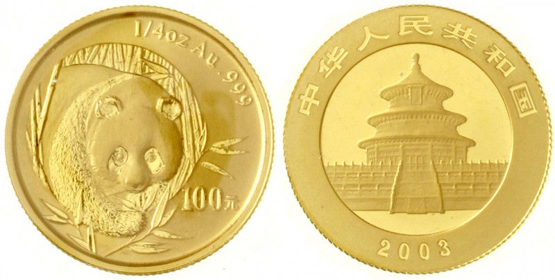 China
Volksrepublik, seit 1949
100 Yuan GOLD 2003. Panda von vorne. 1/4 Unze F...