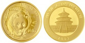 China
Volksrepublik, seit 1949
100 Yuan GOLD 2003. Panda von vorne. 1/4 Unze Feingold, verschweißt.
Stempelglanz