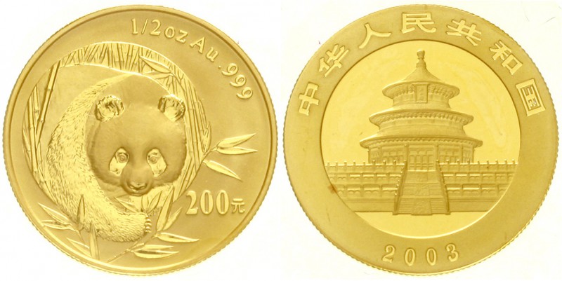 China
Volksrepublik, seit 1949
200 Yuan GOLD 2003. Panda von vorne. 1/2 Unze F...