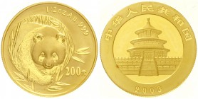 China
Volksrepublik, seit 1949
200 Yuan GOLD 2003. Panda von vorne. 1/2 Unze Feingold, verschweißt.
Stempelglanz, winz. roter Fleck