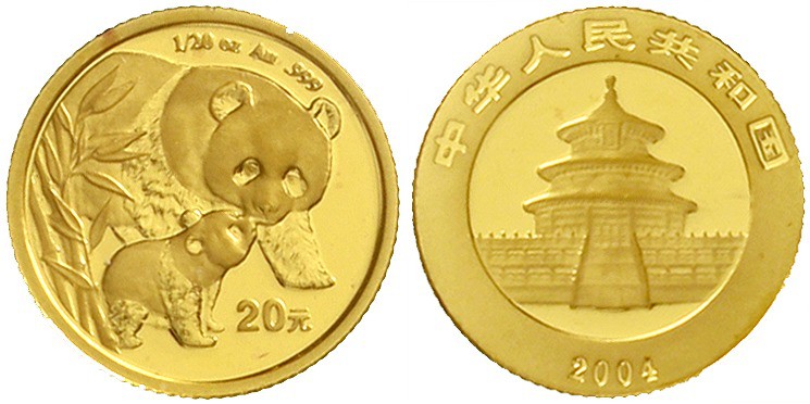 China
Volksrepublik, seit 1949
20 Yuan GOLD 2004 Pandamutter bei der Liebkosun...
