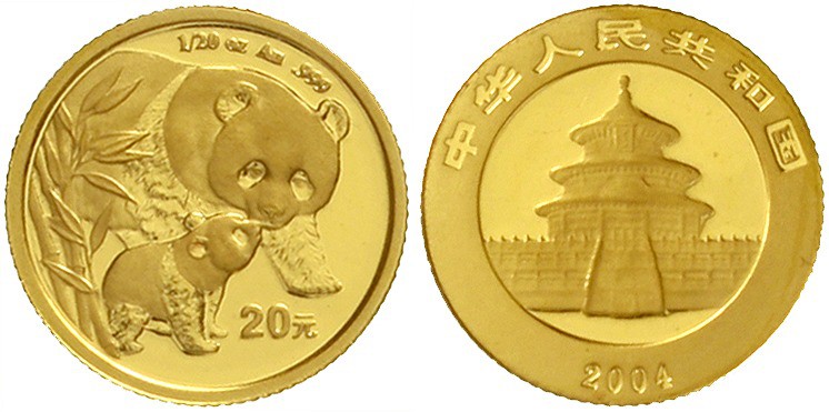 China
Volksrepublik, seit 1949
20 Yuan GOLD 2004 Pandamutter bei der Liebkosun...