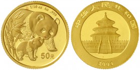 China
Volksrepublik, seit 1949
50 Yuan GOLD 2004. Pandamutter bei der Liebkosung ihres Nachwuchses. 1/10 Unze Feingold, verschweißt.
Stempelglanz