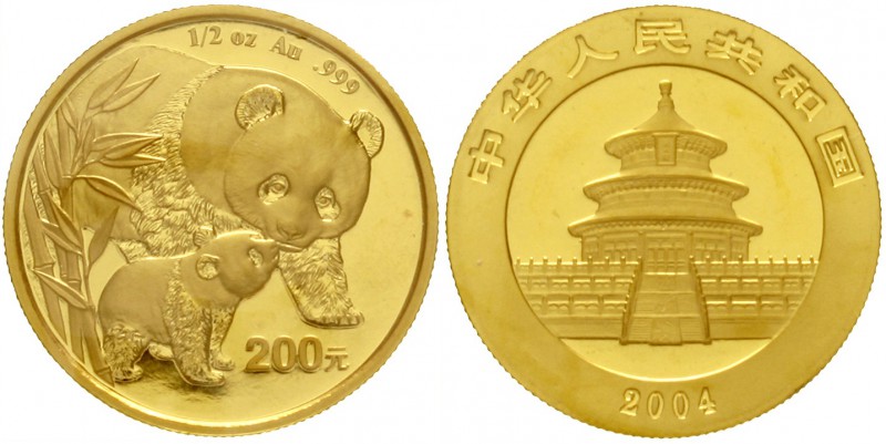 China
Volksrepublik, seit 1949
200 Yuan GOLD 2004. Pandamutter bei der Liebkos...
