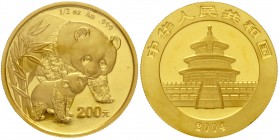 China
Volksrepublik, seit 1949
200 Yuan GOLD 2004. Pandamutter bei der Liebkosung ihres Nachwuchses. 1/2 Unze Feingold, verschweißt.
Stempelglanz