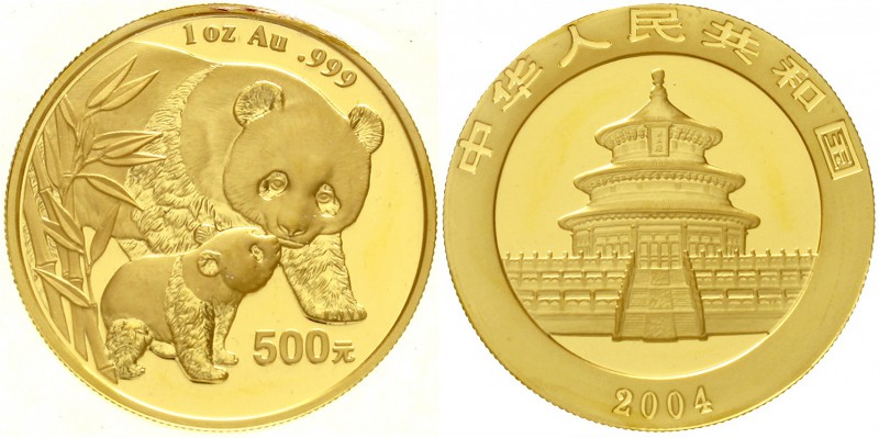China
Volksrepublik, seit 1949
500 Yuan GOLD 2004. Pandamutter bei der Liebkos...