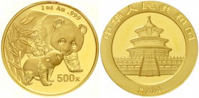 China
Volksrepublik, seit 1949
500 Yuan GOLD 2004. Pandamutter bei der Liebkosung ihres Nachwuchses. 1 Unze Feingold, verschweißt (Folie etwas Farbi...