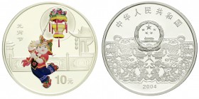 China
Volksrepublik, seit 1949
10 Yuan Silber (1 Unze) in Farbe 2004. Chinesisches Laternenfest. Kind mit Laterne. In Kapsel.
Polierte Platte