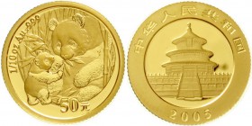 China
Volksrepublik, seit 1949
50 Yuan GOLD 2005. Sitzender Panda mit stehendem Jungtier. 1/10 Unze Feingold.
Stempelglanz