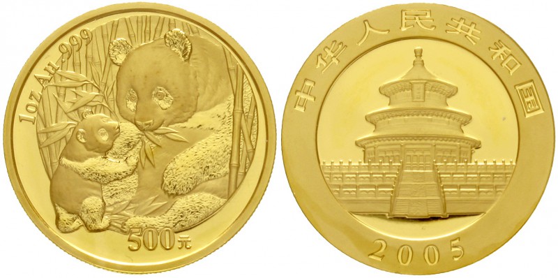 China
Volksrepublik, seit 1949
500 Yuan GOLD 2005. Sitzender Panda mit stehend...