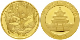China
Volksrepublik, seit 1949
500 Yuan GOLD 2005. Sitzender Panda mit stehendem Jungtier. 1 Unze Feingold, verschweißt.
Stempelglanz
