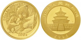 China
Volksrepublik, seit 1949
100 Yuan GOLD 2005. Sitzender Panda mit stehendem Jungtier. 1/4 Unze Feingold, verschweißt.
Stempelglanz