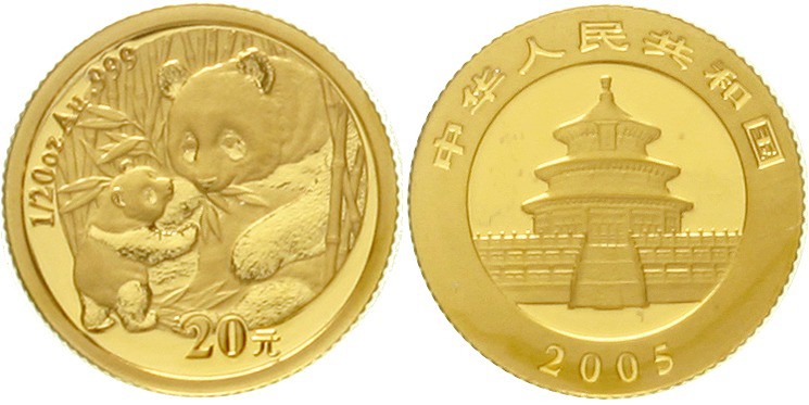 China
Volksrepublik, seit 1949
20 Yuan GOLD 2005. Sitzender Panda mit stehende...