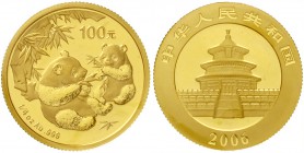China
Volksrepublik, seit 1949
100 Yuan GOLD 2006. Zwei Pandas mit Bambuszweigen. 1/4 Unze Feingold, verschweißt.
Stempelglanz