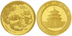 China
Volksrepublik, seit 1949
50 Yuan GOLD 2006. Zwei Pandas mit Bambuszweigen. 1/10Unze Feingold, verschweißt.
Stempelglanz