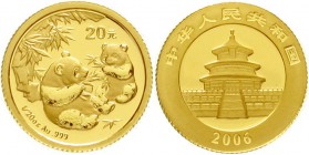 China
Volksrepublik, seit 1949
20 Yuan GOLD 2006. Zwei Pandas mit Bambuszweigen. 1/20 Unze Feingold.
Stempelglanz