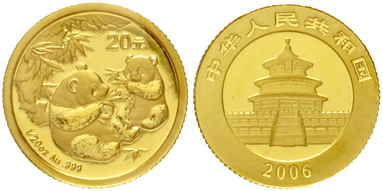 China
Volksrepublik, seit 1949
20 Yuan GOLD 2006. Zwei Pandas mit Bambuszweige...