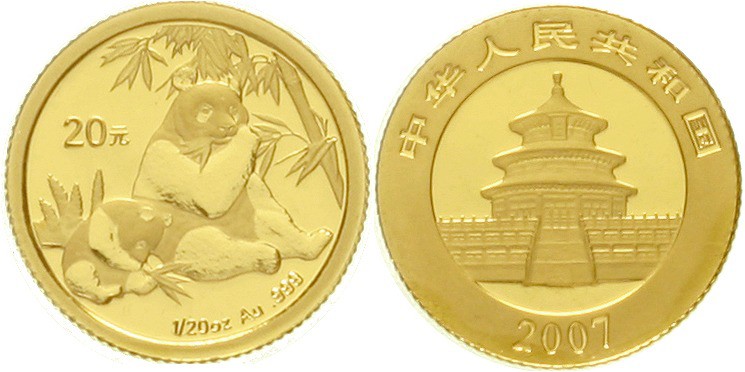 China
Volksrepublik, seit 1949
20 Yuan GOLD 2007. Panda mit Jungtier beim Verz...