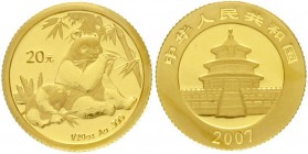 China
Volksrepublik, seit 1949
20 Yuan GOLD 2007. Panda mit Jungtier beim Verzehr von Bambus. 1/20 Unze Feingold.
Stempelglanz