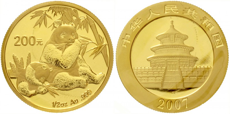 China
Volksrepublik, seit 1949
200 Yuan GOLD 2007. Panda und Jungtier beim Ver...