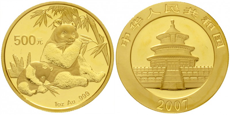 China
Volksrepublik, seit 1949
500 Yuan GOLD Panda 1 Unze Feingold. 2007. Pand...