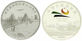China
Volksrepublik, seit 1949
10 Yuan Silber (1 Unze) 2008. 20 Jahre Sonderwirtschaftszone Hainan. Emblem in Farbe. Im Originaletui mit Zertifikat ...