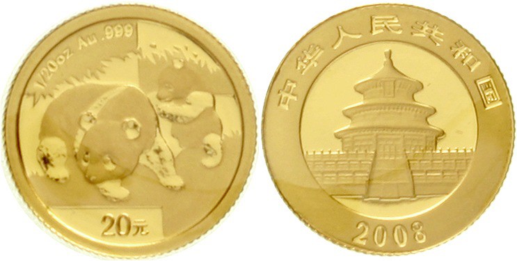 China
Volksrepublik, seit 1949
20 Yuan GOLD 2008. Panda mit Jungtier. 1/20 Unz...