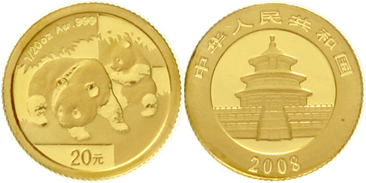China
Volksrepublik, seit 1949
20 Yuan GOLD 2008. Panda mit Jungtier. 1/20 Unz...