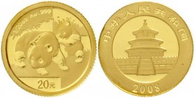China
Volksrepublik, seit 1949
20 Yuan GOLD 2008. Panda mit Jungtier. 1/20 Unze Feingold, verschweißt.
Stempelglanz, winz. roter Fleck
