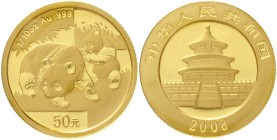China
Volksrepublik, seit 1949
50 Yuan GOLD 2008. Panda mit Jungtier. 1/10 Unze Feingold, verschweißt.
Stempelglanz