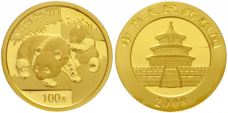 China
Volksrepublik, seit 1949
100 Yuan GOLD 2008. Panda mit Jungtier. 1/4 Unz...