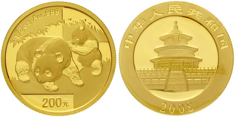 China
Volksrepublik, seit 1949
200 Yuan GOLD 2008. Panda mit Jungtier. 1/2 Unz...