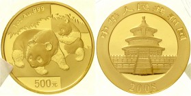 China
Volksrepublik, seit 1949
500 Yuan GOLD 2008. Panda mit Jungtier. 1 Unze Feingold, verschweißt.
Stempelglanz