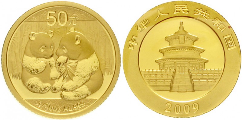 China
Volksrepublik, seit 1949
50 Yuan GOLD 2009. Zwei Pandas. 1/10 Unze Feing...