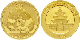 China
Volksrepublik, seit 1949
50 Yuan GOLD 2009. Zwei Pandas. 1/10 Unze Feingold, verschweißt.
Stempelglanz
