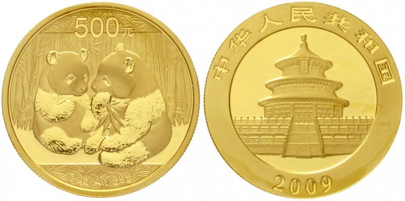 China
Volksrepublik, seit 1949
500 Yuan GOLD 2009. Zwei Pandas. 1 Unze Feingol...