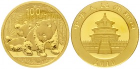 China
Volksrepublik, seit 1949
100 Yuan GOLD 2010. Zwei Pandas beim Spielen. 1/4 Unze Feingold, verschweißt.
Stempelglanz