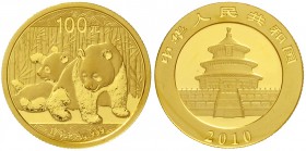 China
Volksrepublik, seit 1949
100 Yuan GOLD 2010. Zwei Pandas beim Spielen. 1/4 Unze Feingold, verschweißt.
Stempelglanz