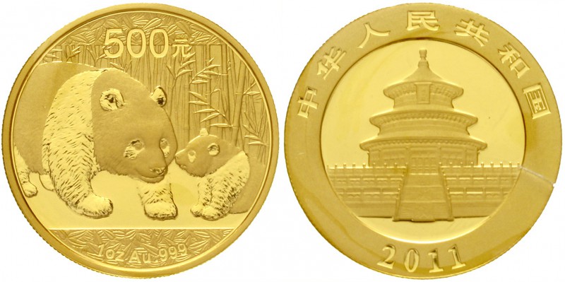 China
Volksrepublik, seit 1949
500 Yuan GOLD 2011. Panda mit Jungtier. 1 Unze ...